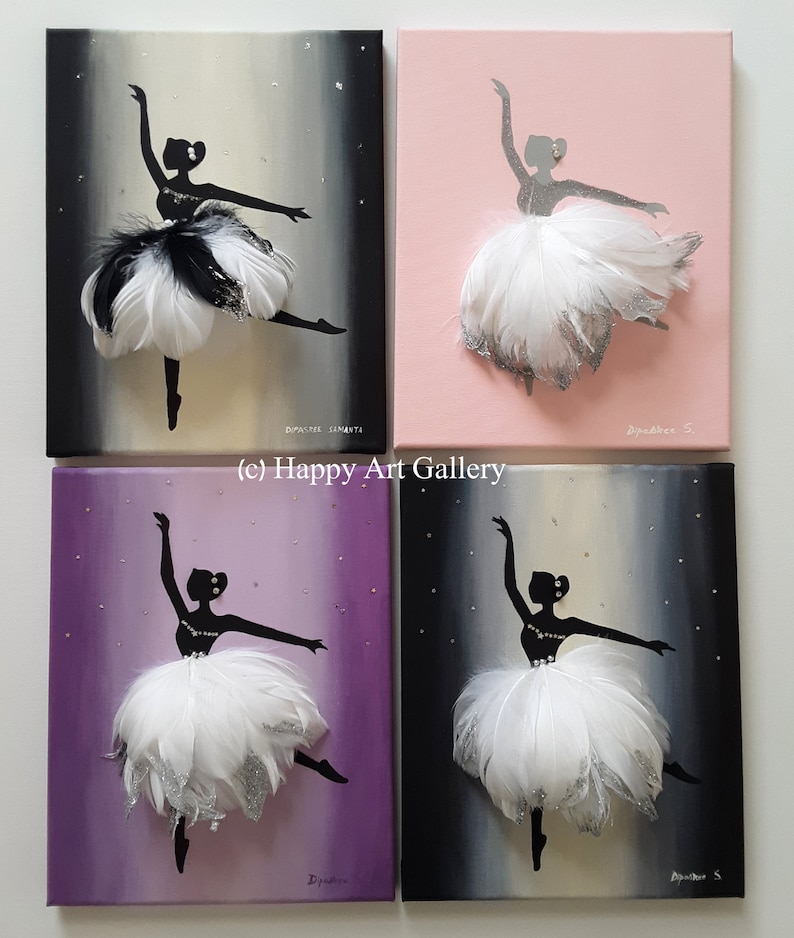 May include: Four square canvases with a silhouette of a ballerina in a white tutu with feathers and glitter. The backgrounds are black, pink, purple, and gray. The canvases are signed "Dipashee S."
