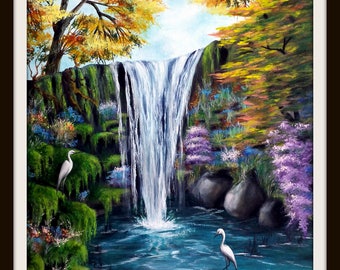 滝の風景アクリル画 – 森の池、沼地の風景、28x22 - Etsy 日本