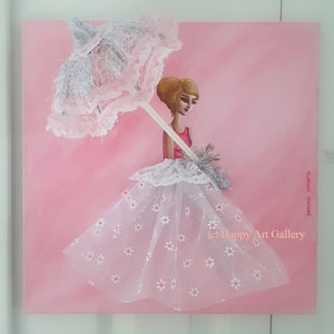 May include: A painting of a woman in a white dress with a lace trim and a white umbrella with silver accents. The background is pink and the dress has a pattern of small white flowers. The text "(c) Happy Art Gallery" is in the bottom right corner of the painting.