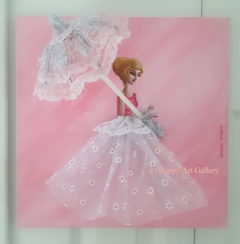 May include: A painting of a woman in a white dress with a lace trim and a white umbrella with silver accents. The background is pink and the dress has a pattern of small white flowers. The text "(c) Happy Art Gallery" is in the bottom right corner of the painting.