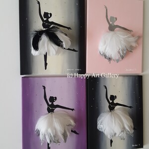 May include: Four square canvases with a ballerina silhouette painted on each. The ballerina is wearing a white tutu with black feathers and silver glitter. The backgrounds are black, pink, purple, and gray.