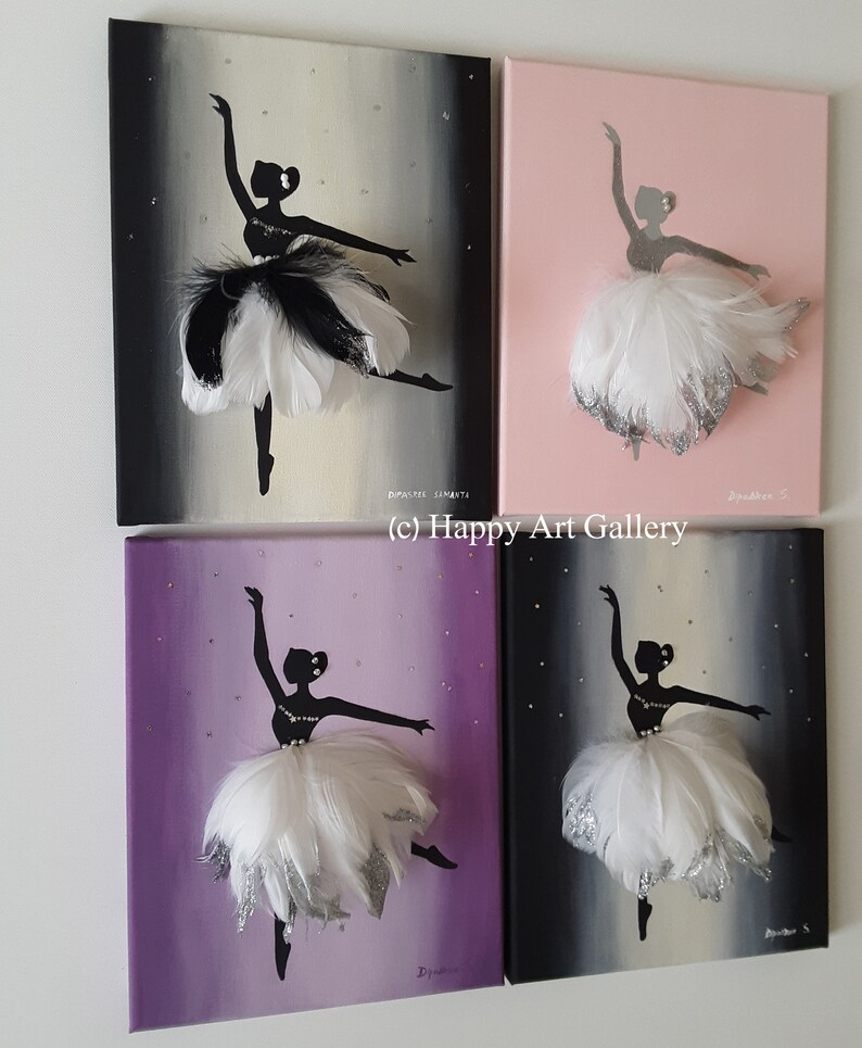 May include: Four square canvases with a ballerina silhouette painted on each. The ballerina is wearing a white tutu with black feathers and silver glitter. The backgrounds are black, pink, purple, and gray.