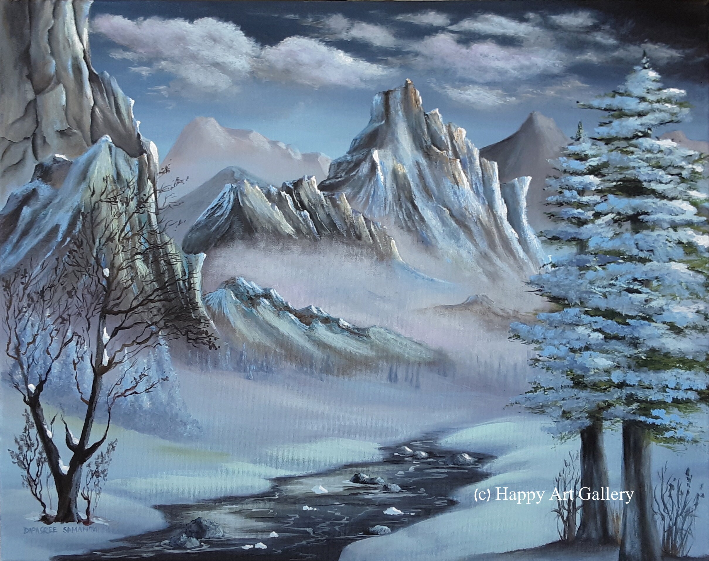 Winter Valley Acrylic Painting – Snowy Mountain Landscape Art
