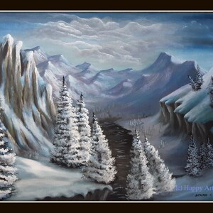May include: A snowy mountain landscape painting with a river winding through the centre. The mountains are a deep purple and blue, with white snow on the peaks. The trees are covered in snow and are a light green colour. The sky is a light blue with white clouds.