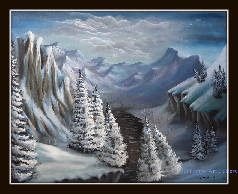 May include: A snowy mountain landscape painting with a river winding through the centre. The mountains are a deep purple and blue, with white snow on the peaks. The trees are covered in snow and are a light green colour. The sky is a light blue with white clouds.