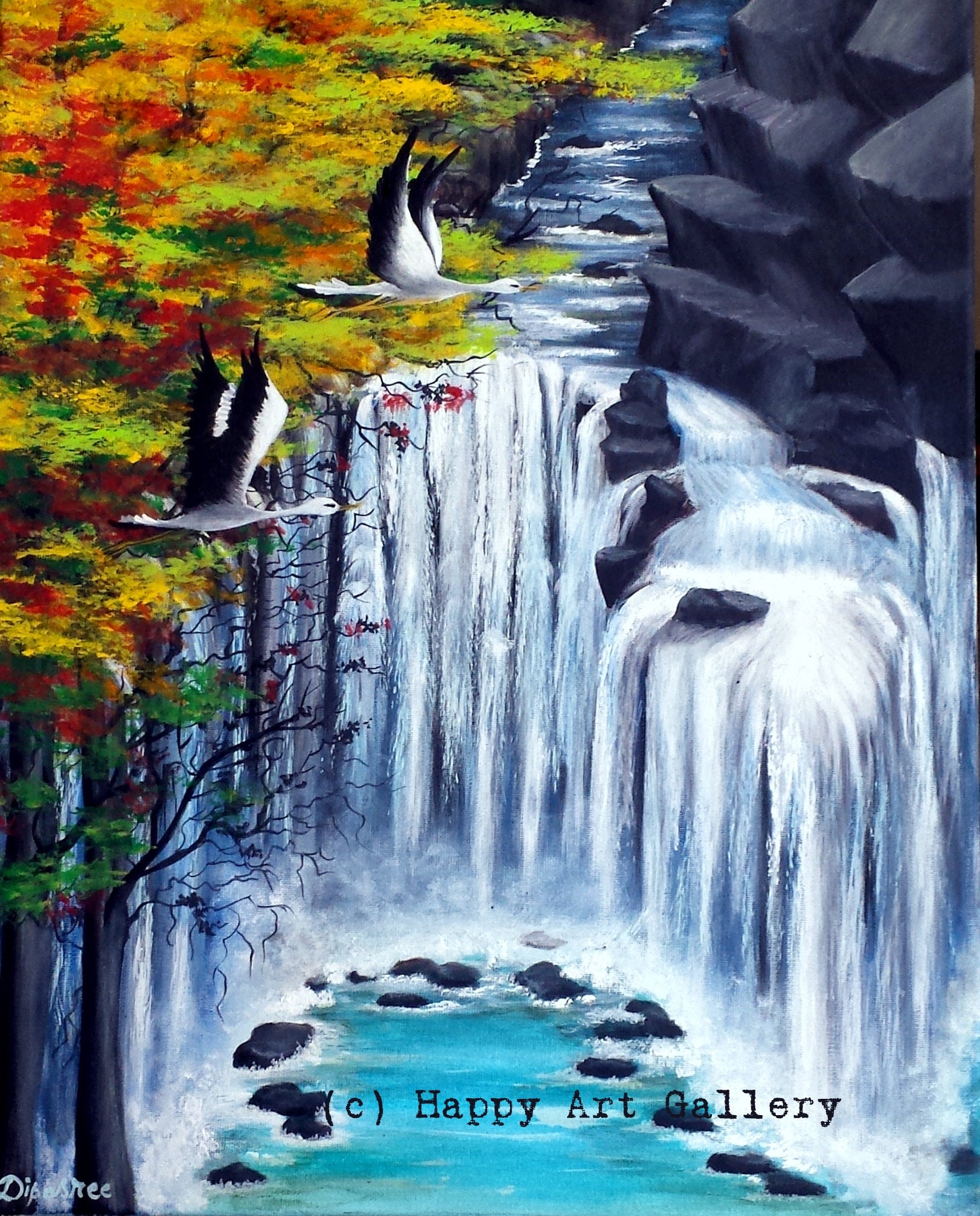 Waterfall Acrylic Painting – Landscape Art, Country Nautical Style