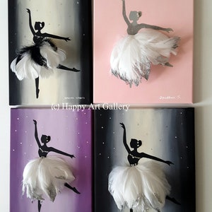 May include: Four square canvases with a ballerina silhouette painted on each. The ballerina is wearing a white feather tutu and a silver glitter bodice. Each canvas has a different background color: black, pink, purple, and gray. The text "Happy Art Gallery" is printed below the canvases.