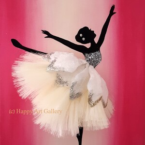 May include: A black silhouette of a ballerina in a white tutu with silver glitter accents, dancing on a pink background. The text (c) Happy Art Gallery is visible in the lower left corner.