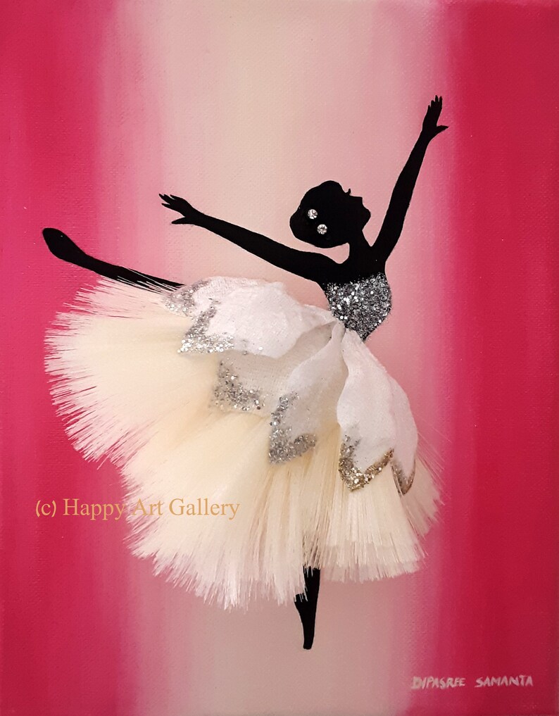 May include: A black silhouette of a ballerina in a white tutu with silver glitter accents, dancing on a pink background. The text (c) Happy Art Gallery is visible in the lower left corner.