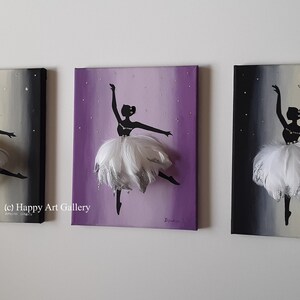 May include: Three canvas paintings of a ballerina silhouette with a white feather tutu. The ballerina is in a dancing pose with her arms raised. The backgrounds are a gradient of purple, black and white.