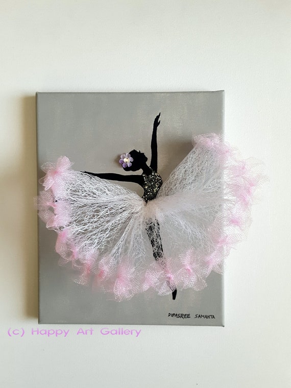Dancing Ballerina Art – Pink Tulle Tutu, Gray Nursery Decor