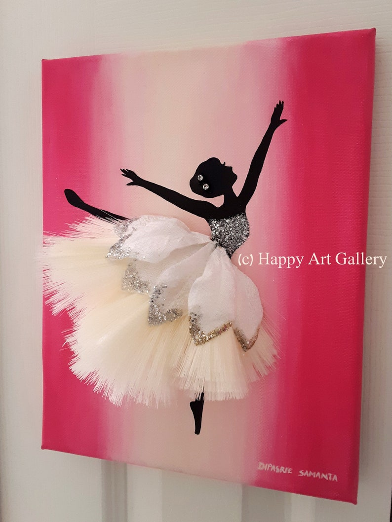 May include: A black silhouette of a ballerina with a white tutu and silver glitter accents on a pink and white ombre background. The text (c) Happy Art Gallery is in the lower right corner of the canvas.