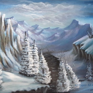 May include: A snowy mountain landscape painting with a river winding through the valley. The mountains are covered in snow and the trees are frosted. The sky is a light blue with white clouds.