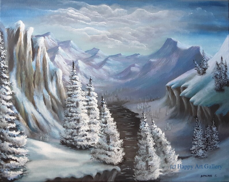 May include: A snowy mountain landscape painting with a river winding through the valley. The mountains are covered in snow and the trees are frosted. The sky is a light blue with white clouds.