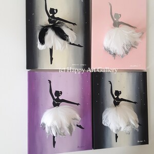 May include: Four canvas paintings of a ballerina silhouette with a white feather tutu. The backgrounds are a gradient of pink, purple, black, and white.