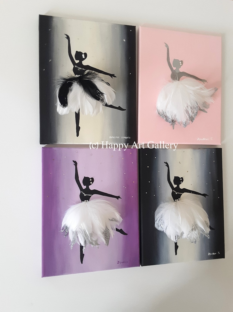 May include: Four canvas paintings of a ballerina silhouette with a white feather tutu. The backgrounds are a gradient of pink, purple, black, and white.