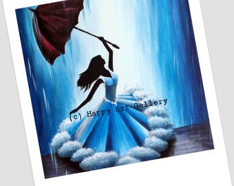 Girl in Rain Acrylic Painting – Blue Silhouette Decor, Rainy Landscape