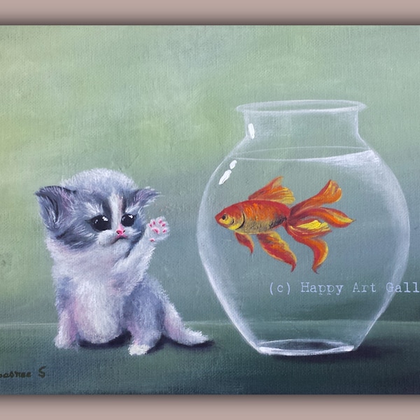 Curious Cat Acrylic Painting – Animal Wall Art, Kids Room Decor (9x12)