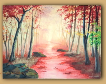 Fall Dusk Acrylic Painting: Autumn Forest Landscape, 18x24