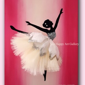 May include: A black silhouette of a ballerina in a white tutu with silver glitter accents, dancing on a pink and white gradient background. The artwork is signed "Dipasree Samanta" and includes the copyright notice "(c) Happy Art Gallery".