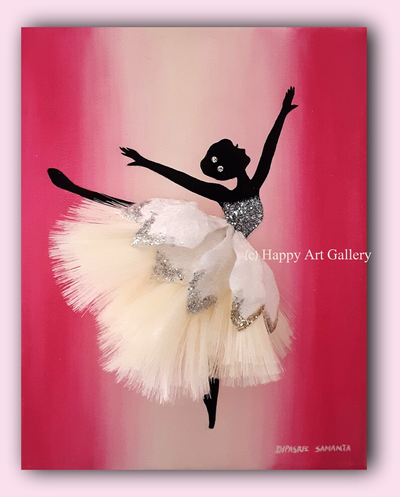 May include: A black silhouette of a ballerina in a white tutu with silver glitter accents, dancing on a pink and white gradient background. The artwork is signed "Dipasree Samanta" and includes the copyright notice "(c) Happy Art Gallery".