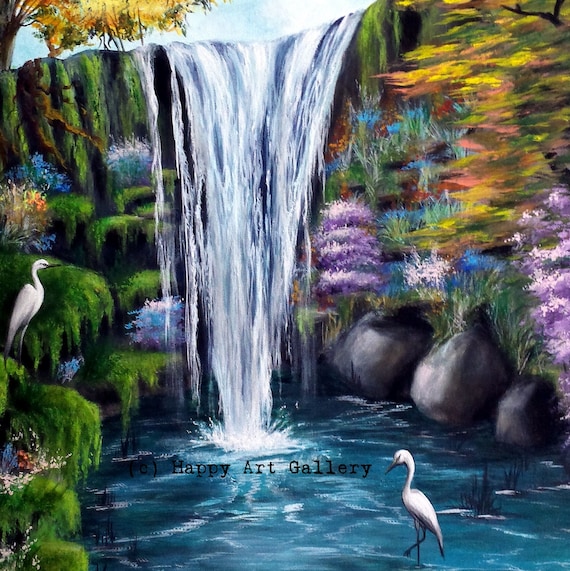 滝の風景アクリル画 – 森の池、沼地の風景、28x22 - Etsy 日本