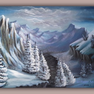 May include: A snowy mountain landscape painting with a river winding through the centre. The mountains are covered in snow and the trees are frosted white. The sky is a light blue with white clouds.