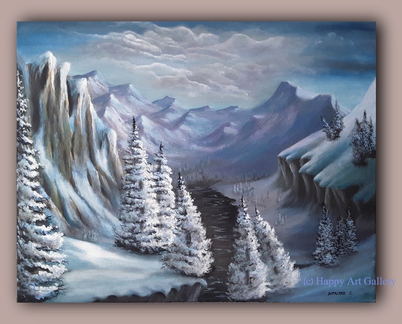 May include: A snowy mountain landscape painting with a river winding through the centre. The mountains are covered in snow and the trees are frosted white. The sky is a light blue with white clouds.