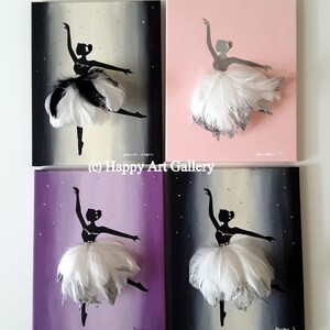 May include: Four canvas paintings featuring a ballerina silhouette with a white feather tutu. The backgrounds are black, pink, purple, and gray with a gradient effect and white glitter accents. The paintings are signed "Danielle S."
