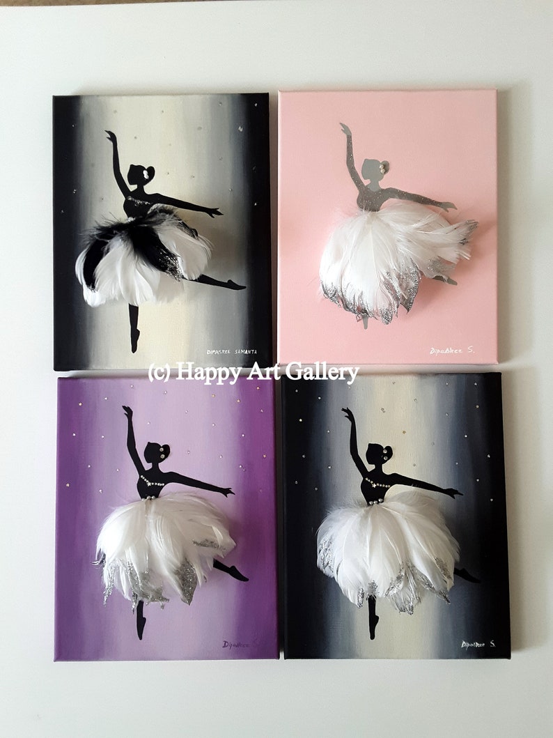 May include: Four canvas paintings featuring a ballerina silhouette with a white feather tutu. The backgrounds are black, pink, purple, and gray with a gradient effect and white glitter accents. The paintings are signed "Danielle S."