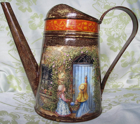 Metal galvanized watering can Decoupage Modern vase Etsy