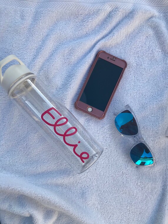 Personalised Water Bottle Classic Love Clear and White NAME Colours Island Birthday Gift Beach Holiday