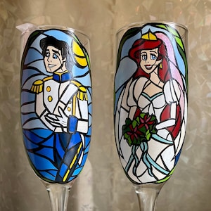 Little Mermaid inspired Ariel and Eric stained glass wedding champagne flute set