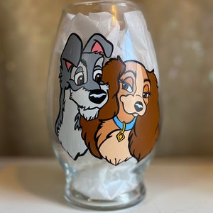Lady and the Tramp inspired hand painted glass vase