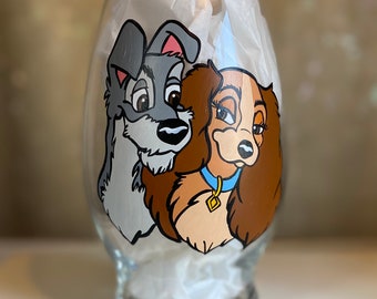 Lady and the Tramp inspired hand painted glass vase