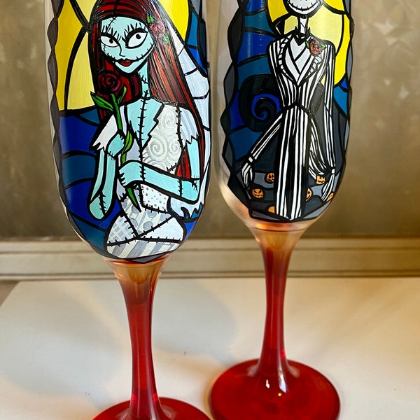 Nightmare Before Christmas inspired Jack and Sally champagne set with red stem