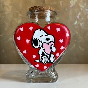 Snoopy inspired Valentine’s Day small glass fillable heart jar