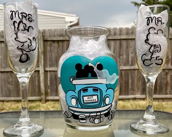 Juego de cristalería para bodas inspirado en Mickey y Minnie