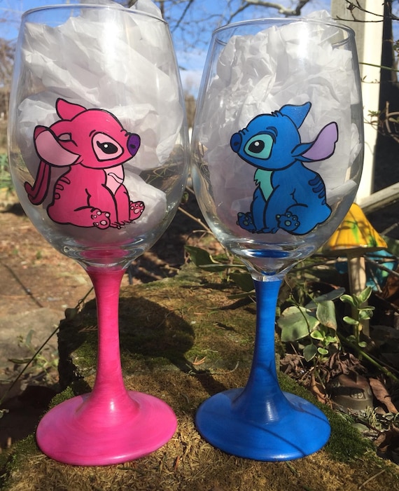 Lilo and Stitch painted wine glass, Disney painted wine glass