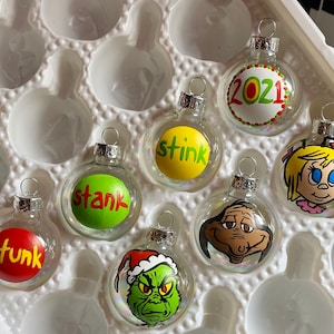 Grinch inspired mini glass ornament set