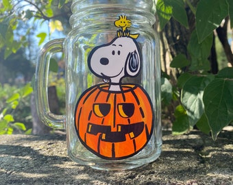 Snoopy Halloween inspired handled glass mason jar