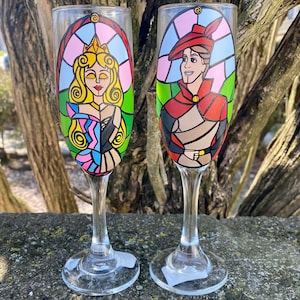 Sleeping Beauty inspired Aurora and Prince Phillip “stained glass” glassware set
