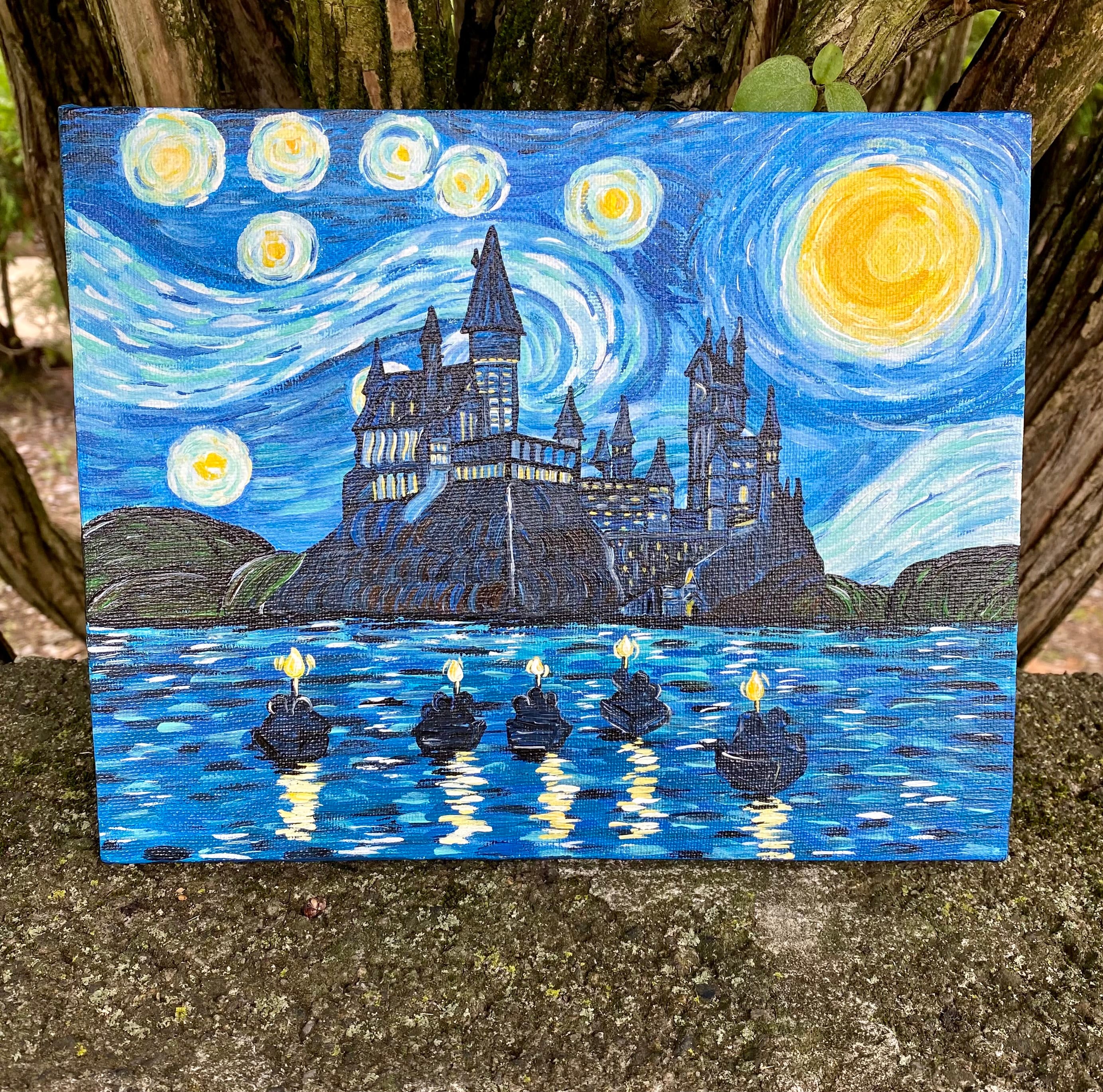 Magical Starry Night Hogwarts inspired canvas painting