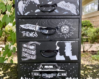 Supernatural show inspired handpainted small wooden four drawer chest
