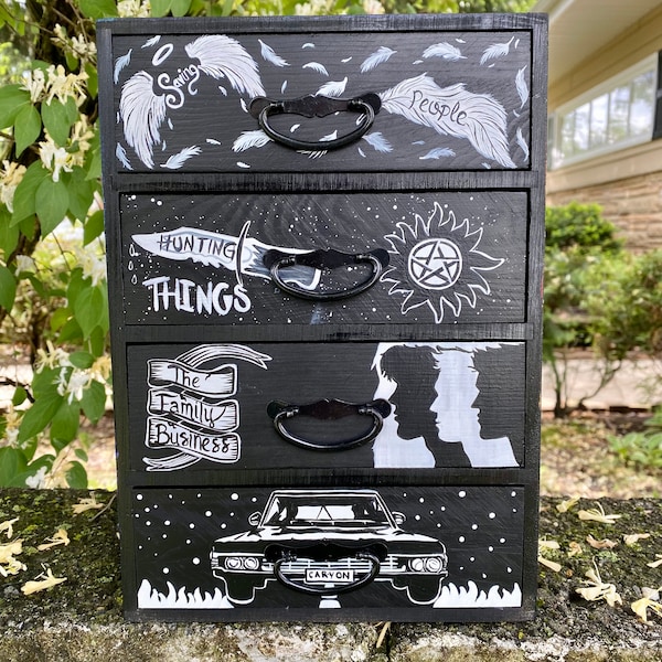 Supernatural show inspired handpainted small wooden four drawer chest