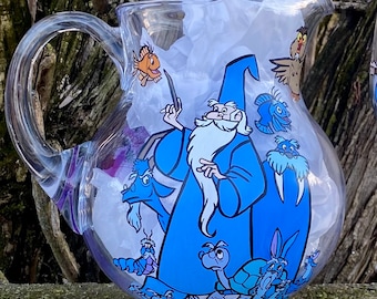 Sword in the Stone Merlin and Madam Mim inspired mashup glass pitcher