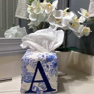 Monogrammed Blue and White Tissue Box Cover