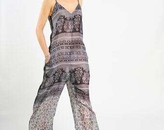 Women Summer Gray and Black 100% Pure Silk Jumpsuit / V-neck/ with side Pockets, silk belt and wide leg. Comfy summer jumsuit.