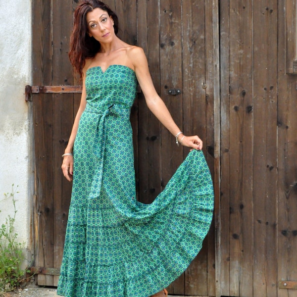 Maxikleid Meerjungfrau: Natürliche Baumwolle, grünes Muster, V-Ausschnitt. Boho-Eleganz. Perfekt für den Sommer! #EtsyMode #LangesKleid