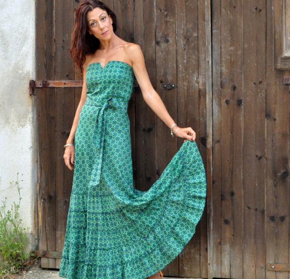 Maxi Dress Mermaid Natural Cotton Green Print V neckline. Bohemian Elegance. Perfect for Summer etsyfashion longdress Etsy